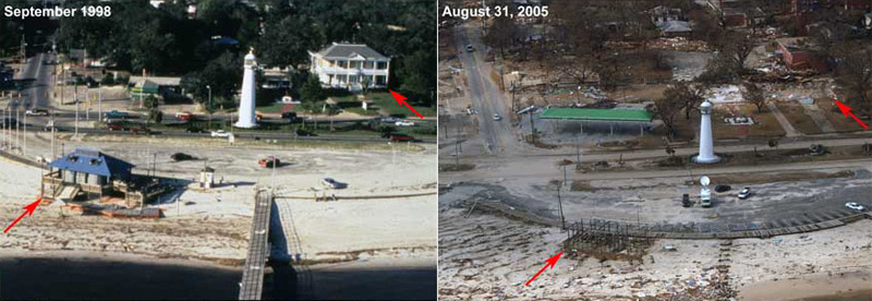 Biloxi, Mississippi Lighthouse Area Before and After Hurricane Katrina